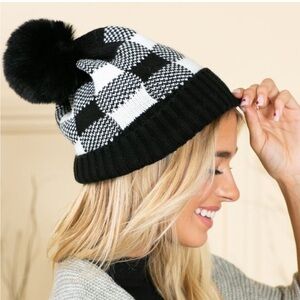 London Fog Black & White Buffalo Plaid Knit Beanie with Black Faux-Fur Pom Pom